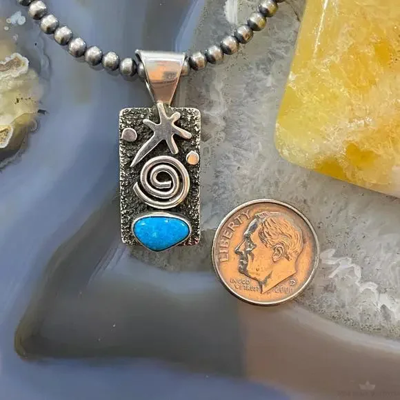 Alex Sanchez Native American Sterling Petroglyph Turquoise Dainty Pendant #7 - Picture 8 of 10
